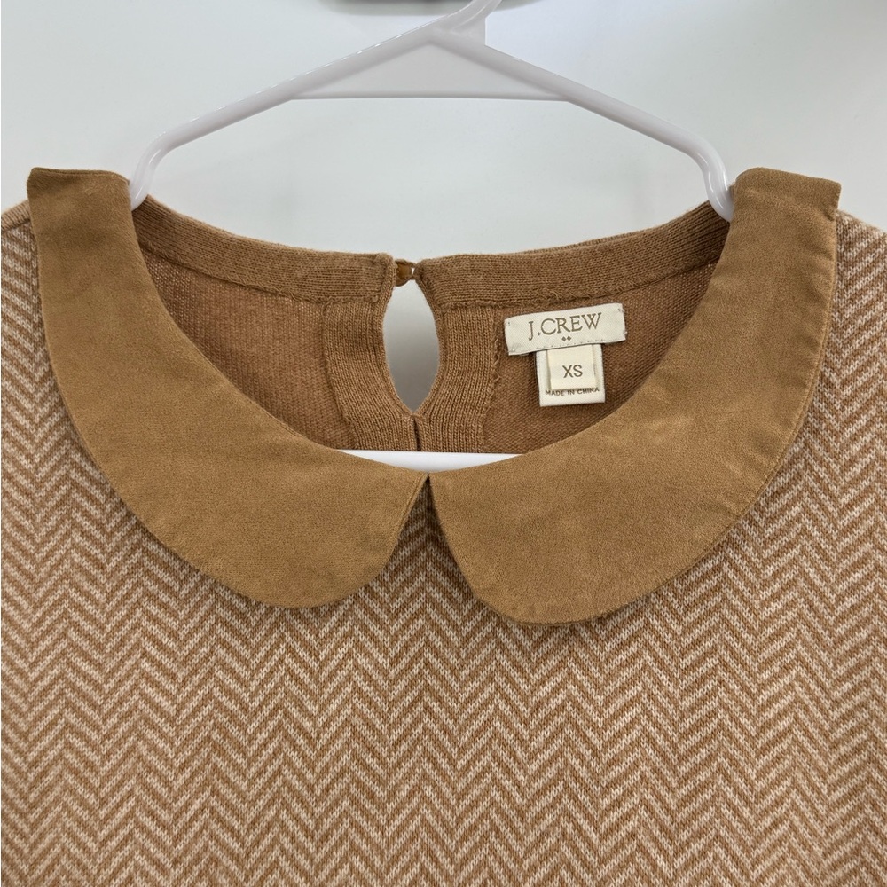J.Crew Herringbone Peter Pan Collar Sweater Camel Tan Suede Trim XS Preppy Luxe - Picture 12 of 13